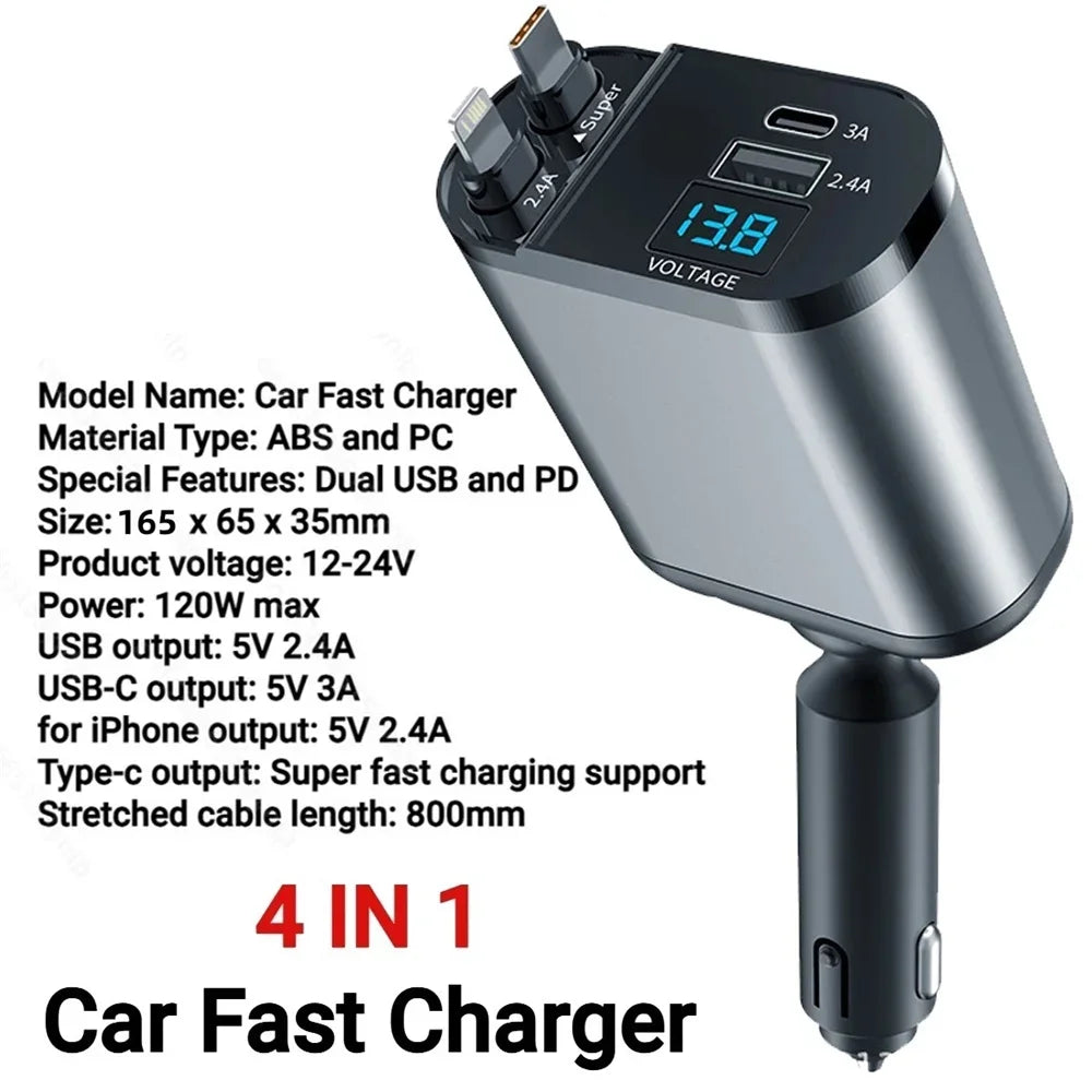 Chargeur de voiture rétractable 4 en 1 VOLTRIX avec 120 W