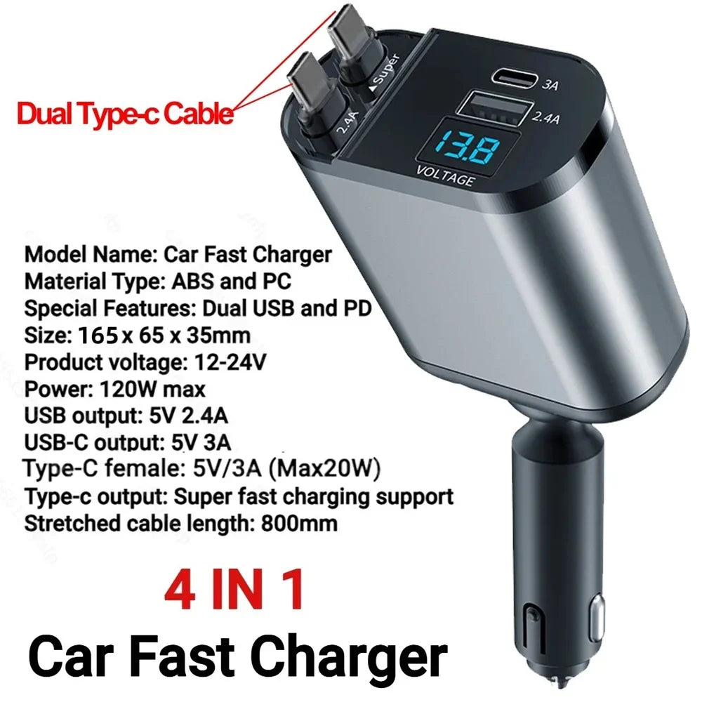 Chargeur de voiture rétractable 4 en 1 VOLTRIX avec 120 W