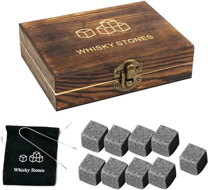 Pierres à whisky en granit naturel – Ensemble de 9 pièces avec pinces, pochette et coffret en bois