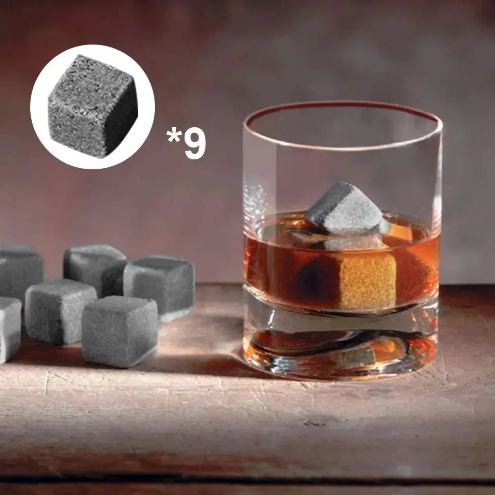 Pierres à whisky en granit naturel – Ensemble de 9 pièces avec pinces, pochette et coffret en bois