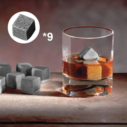 Pierres à whisky en granit naturel – Ensemble de 9 pièces avec pinces, pochette et coffret en bois