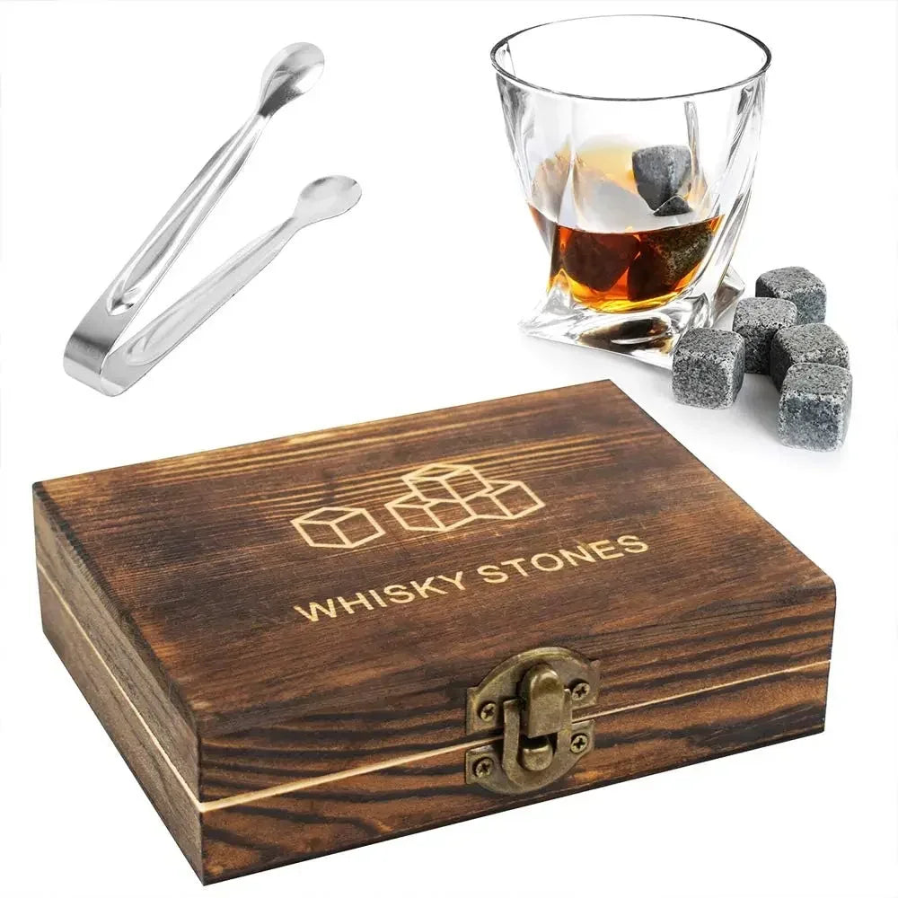 Pierres à whisky en granit naturel – Ensemble de 9 pièces avec pinces, pochette et coffret en bois