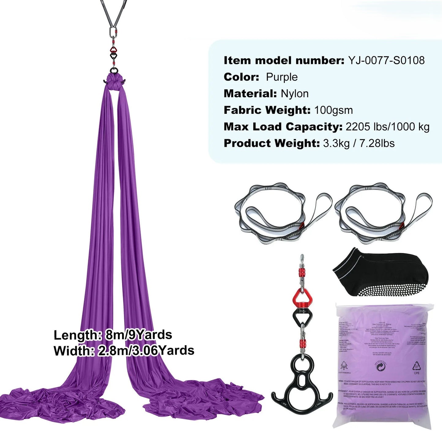 Hamac de yoga aérien professionnel AEROFLOW en nylon 100 g/m² avec kit complet 
