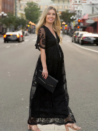 Robe de maternité longue en dentelle florale et mousseline – Col en V