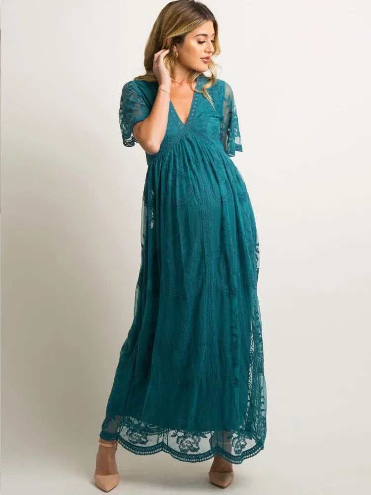 Robe de maternité longue en dentelle florale et mousseline – Col en V
