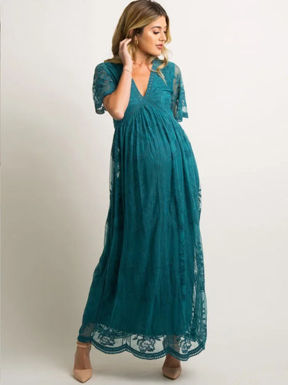 Robe de maternité longue en dentelle florale et mousseline – Col en V