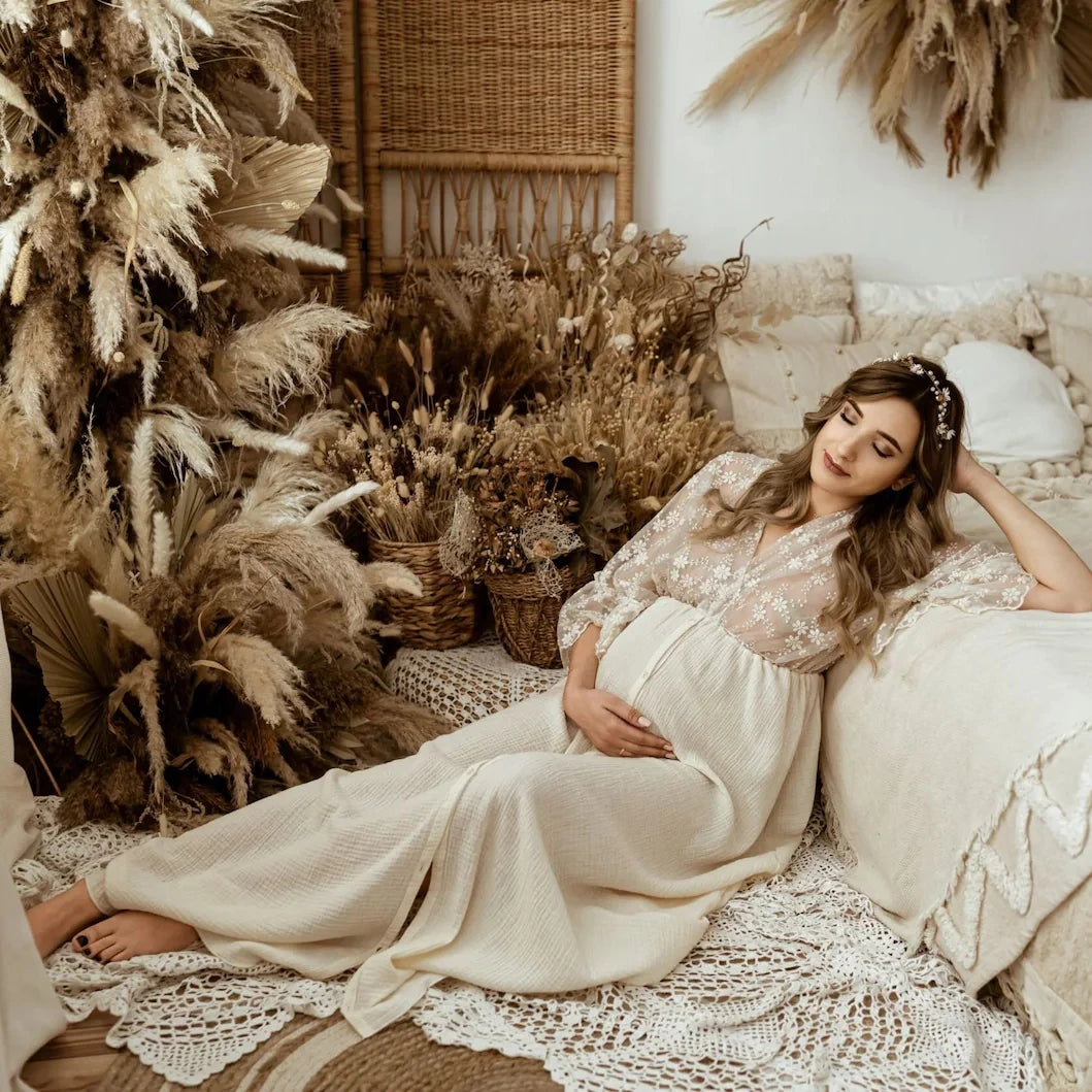 Robe de maternité longue en coton avec dentelle – Style bohème