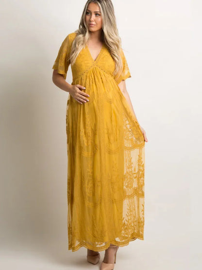 Robe de maternité longue en dentelle florale et mousseline – Col en V