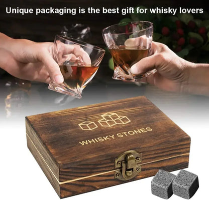 Pierres à whisky en granit naturel – Ensemble de 9 pièces avec pinces, pochette et coffret en bois