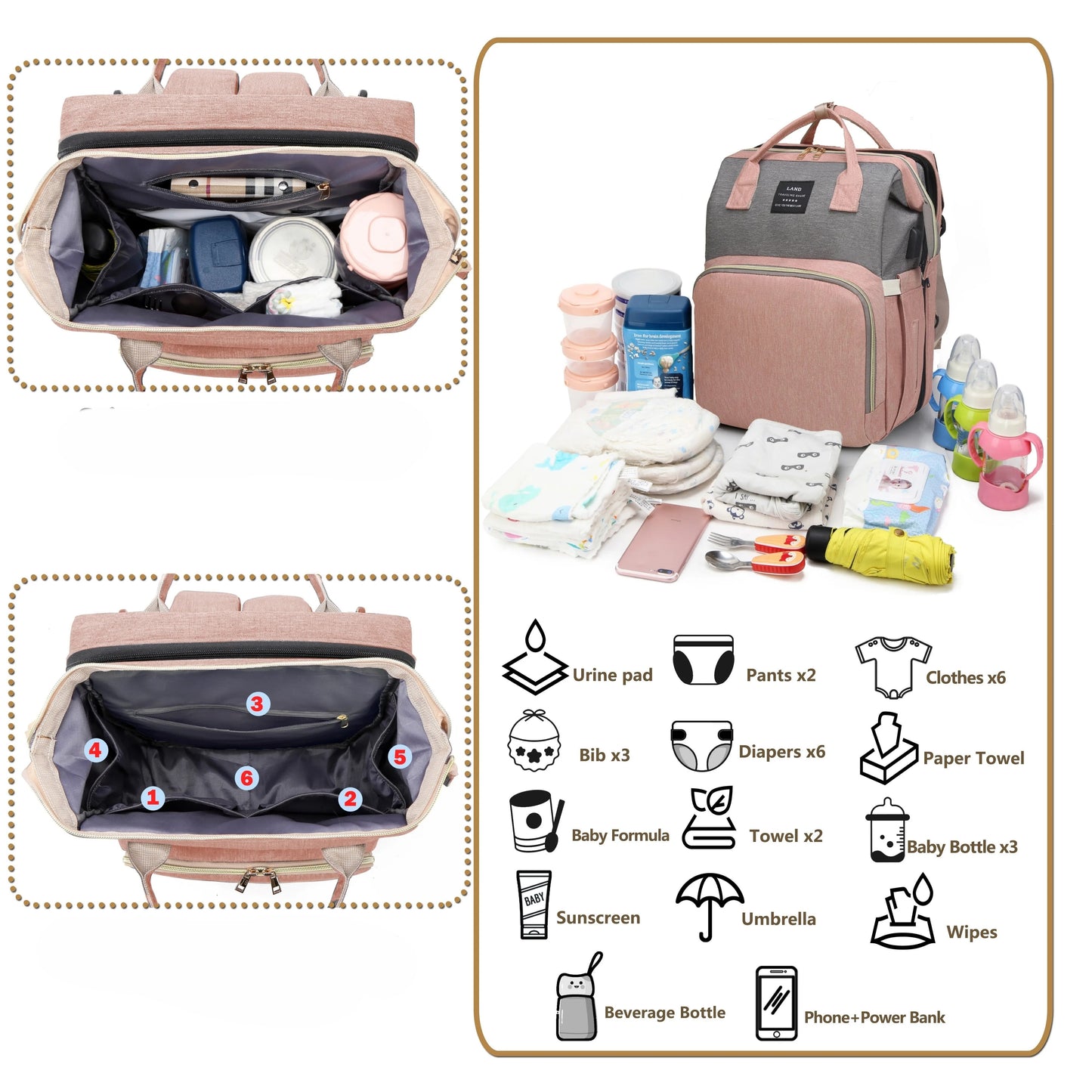 Sac à dos de maternité / Berceau pliable grande capacité avec port USB