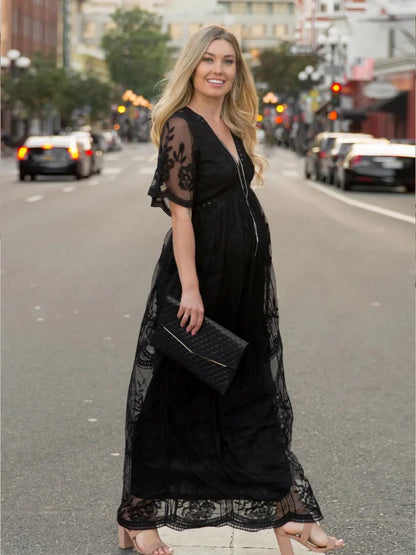 Robe de maternité longue en dentelle florale et mousseline – Col en V