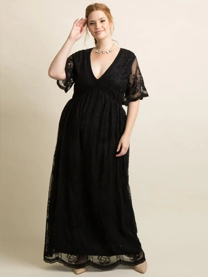 Robe de maternité longue en dentelle florale et mousseline – Col en V