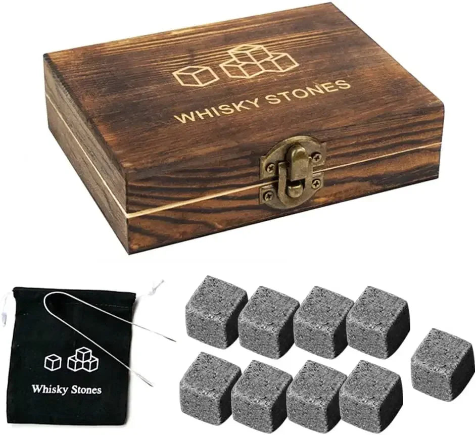 Pierres à whisky en granit naturel – Ensemble de 9 pièces avec pinces, pochette et coffret en bois