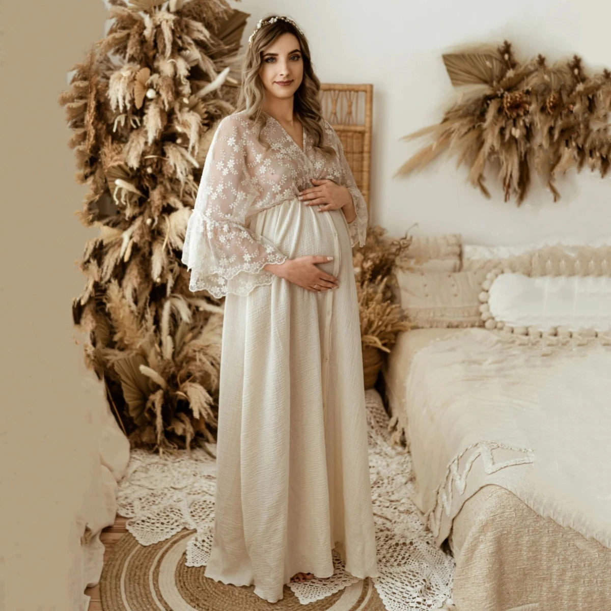 Robe de maternité longue en coton avec dentelle – Style bohème