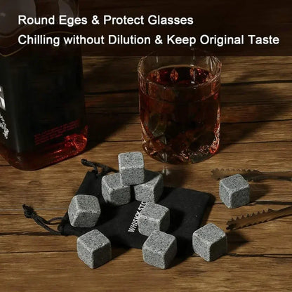 Pierres à whisky en granit naturel – Ensemble de 9 pièces avec pinces, pochette et coffret en bois